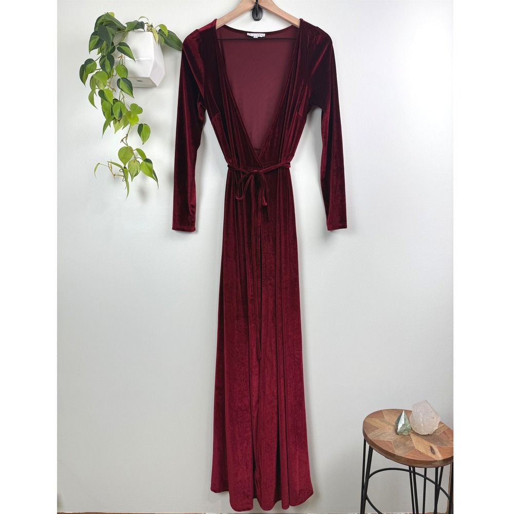 Baltic Born Burgundy Velvet Maxi Dress Long Sleeve V-Neck Wrap Gown Wine Small
